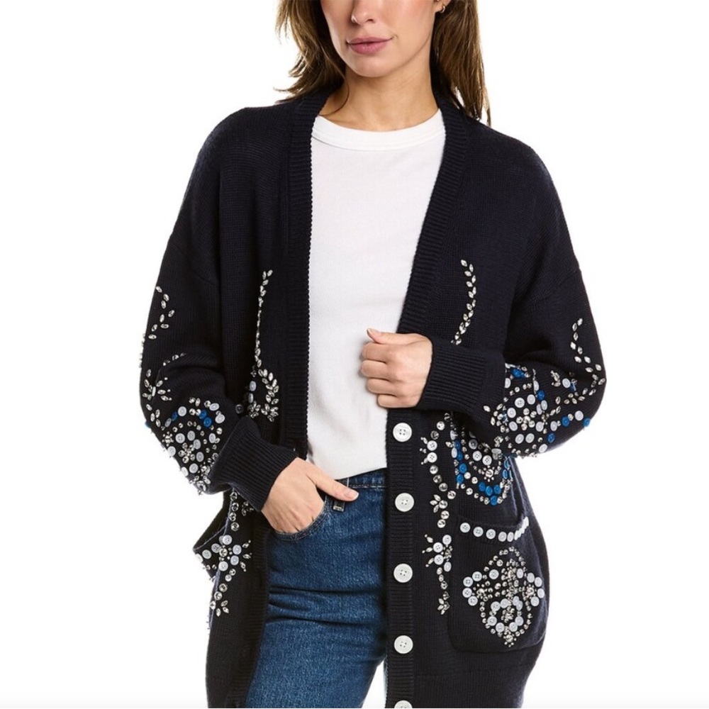 Hunter Bell Fawsett Wool Blend Cardigan‎ Gem Button Embellishment Navy Small